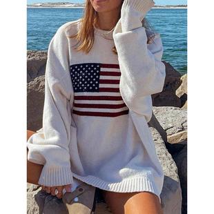sweaters neck loose round womens patterned long knit flag