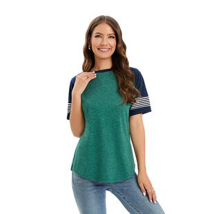shirt Top Raglan Neck Contrast Womens Round Cotton Loose