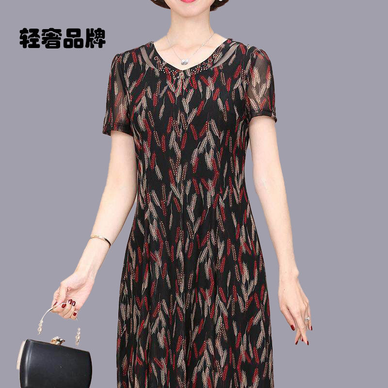 朗姿约定小妈妈夏装高贵时尚的台湾纱中老年妇女裹腹修身长袖裙