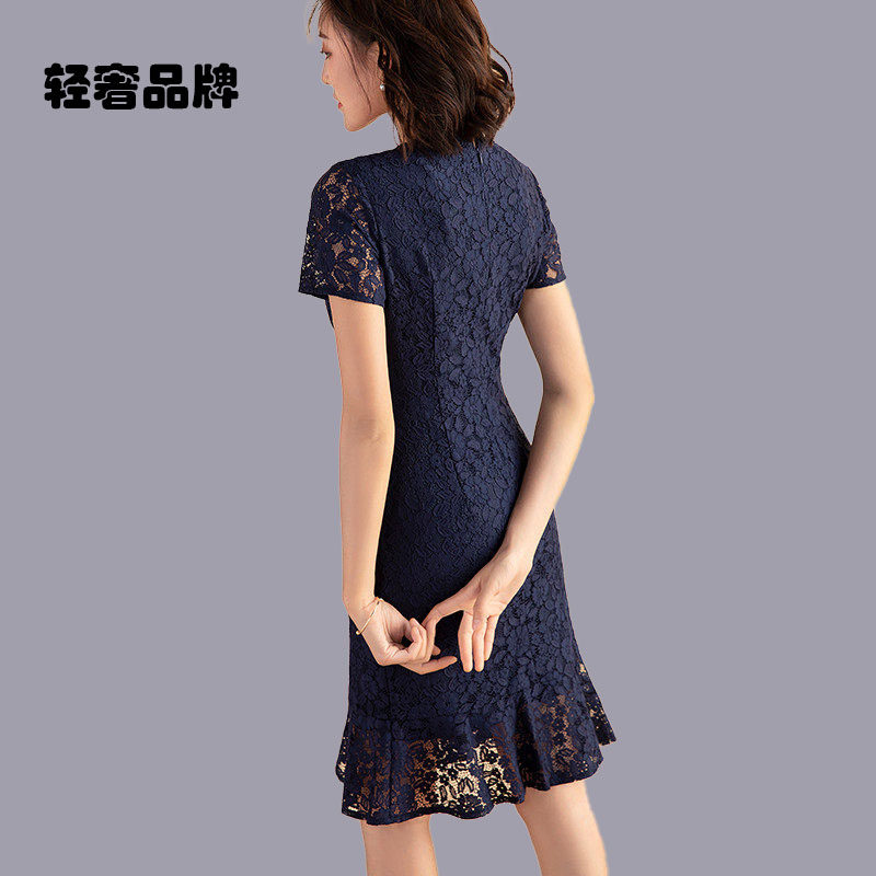 朗姿约定藏蓝色蕾丝连衣裙女V领连衣裙