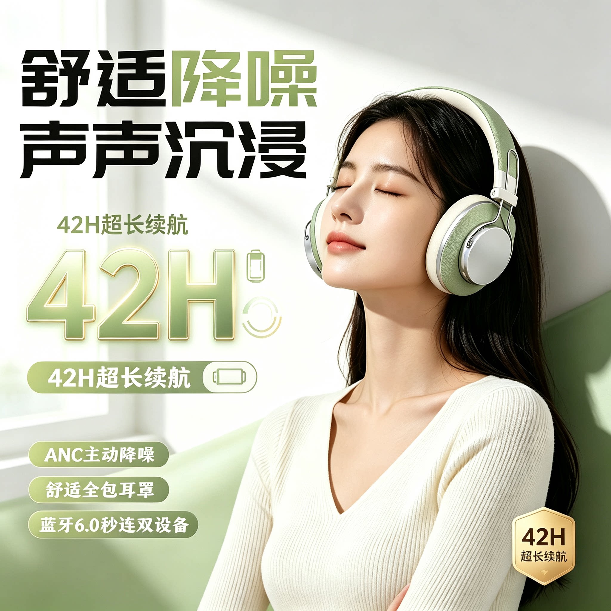 复古头戴式蓝牙耳机便携重低音炮anc主动降噪可折叠手机电脑耳机