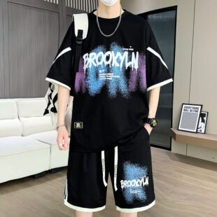 大码男装100-280斤冰丝短袖t恤男青少年夏装帅气短袖休闲运动套装