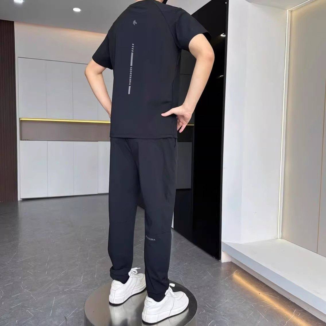 速干运动套装冰丝休闲长裤运动服夏季薄款套装男士短袖潮流两件套