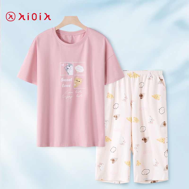 HIOIH女士夏季纯棉短袖七分裤