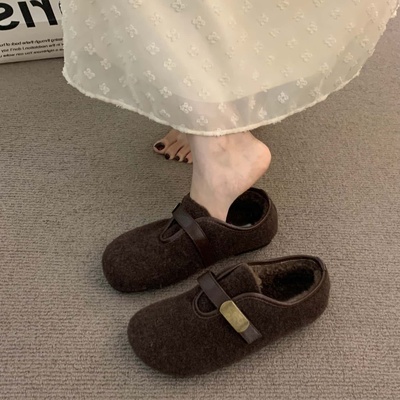 秋冬复古平底毛毡黑色玛丽珍棉鞋