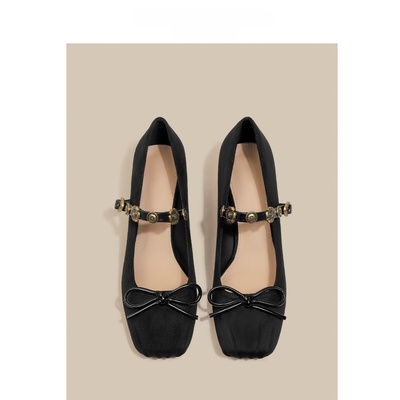 蝴蝶结一字带粗跟玛丽珍高跟鞋