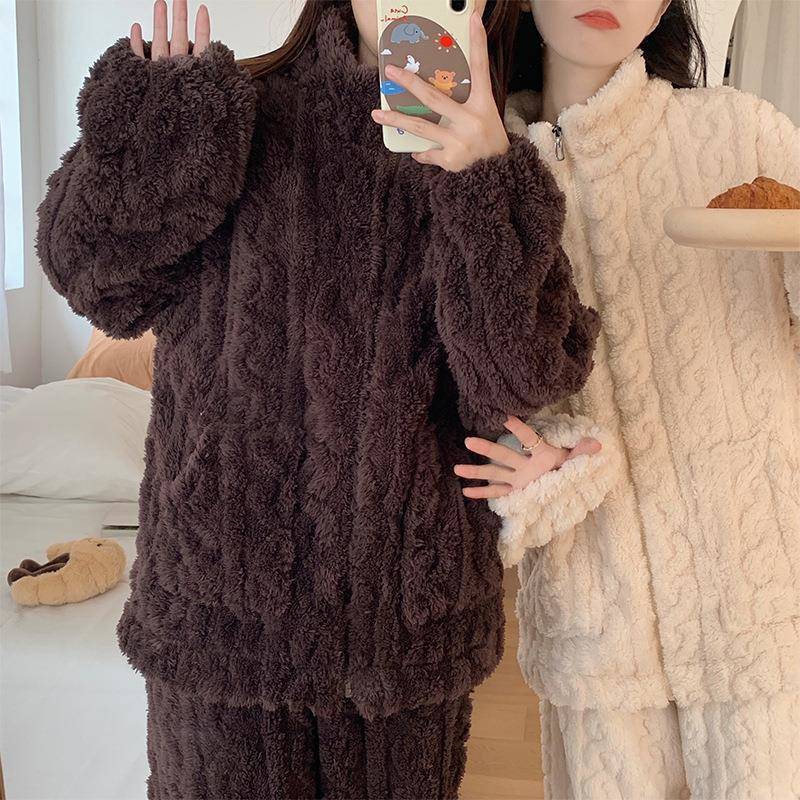 睡衣女款冬季珊瑚绒加厚加绒拉链秋冬法兰绒可外穿冬款家居服套装