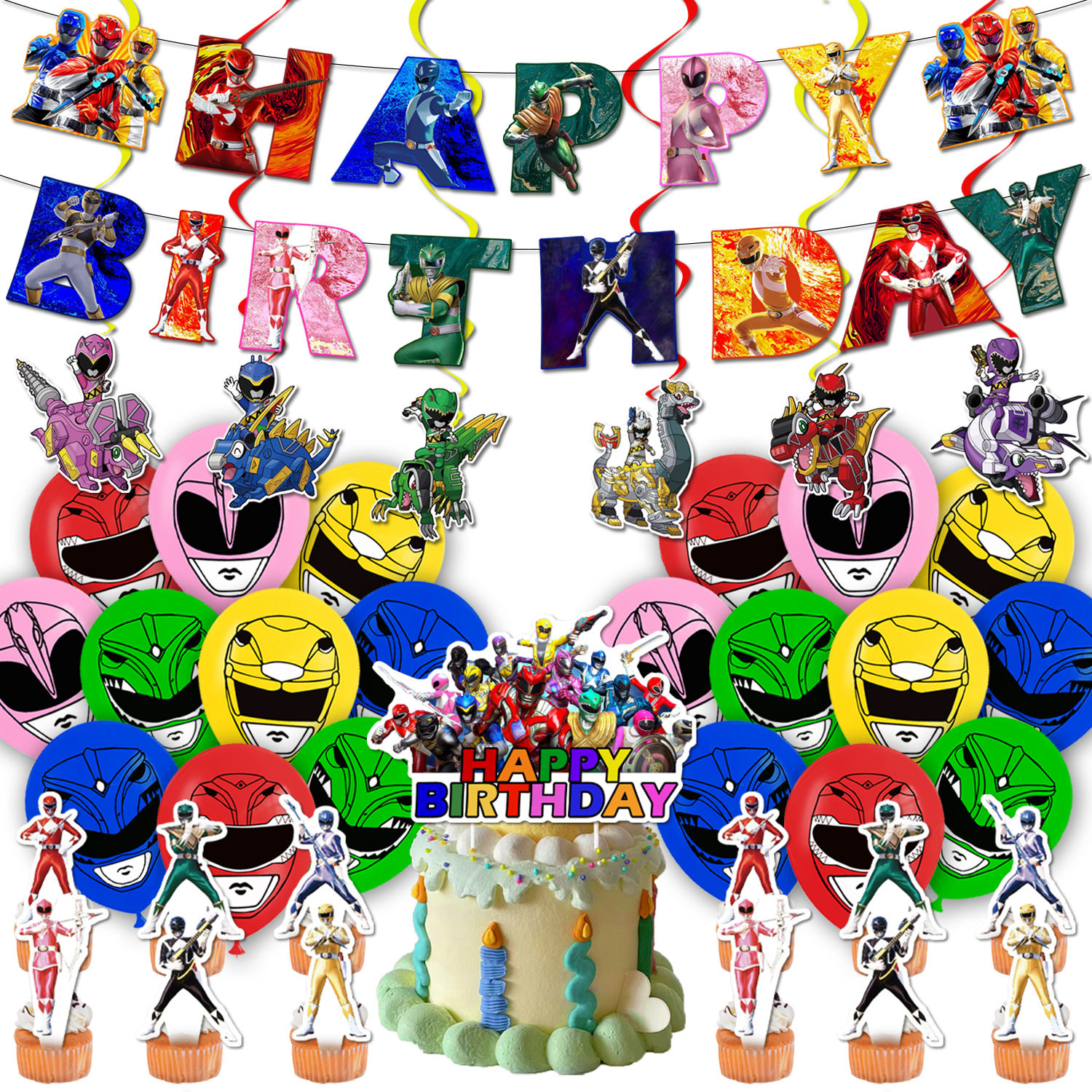 新款超能战士主题生日派对装饰恐龙战队拉旗蛋糕插牌气球螺旋吊饰