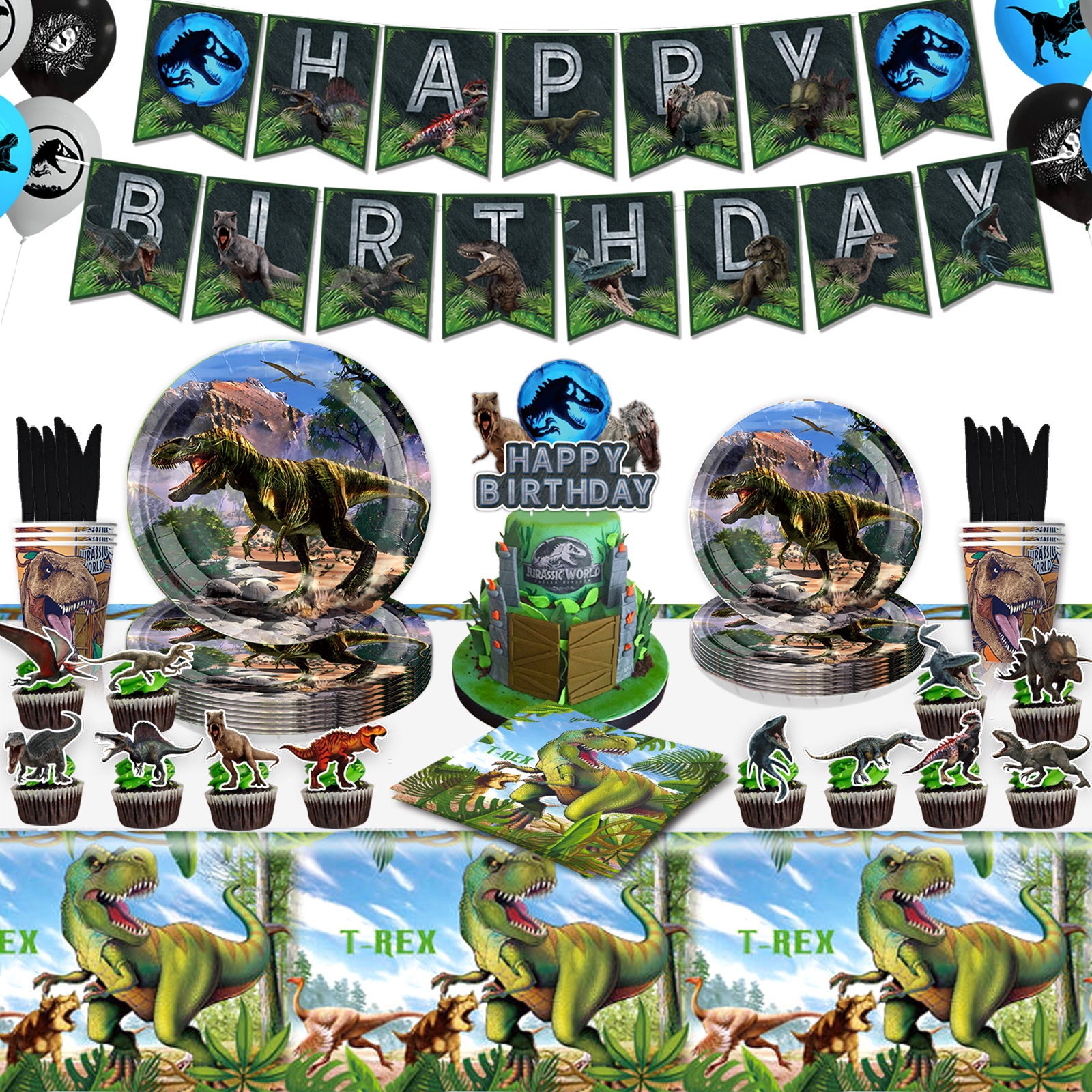 新款侏罗纪恐龙主题生日派对用品霸王龙气球纸盘纸巾拉旗布置装饰