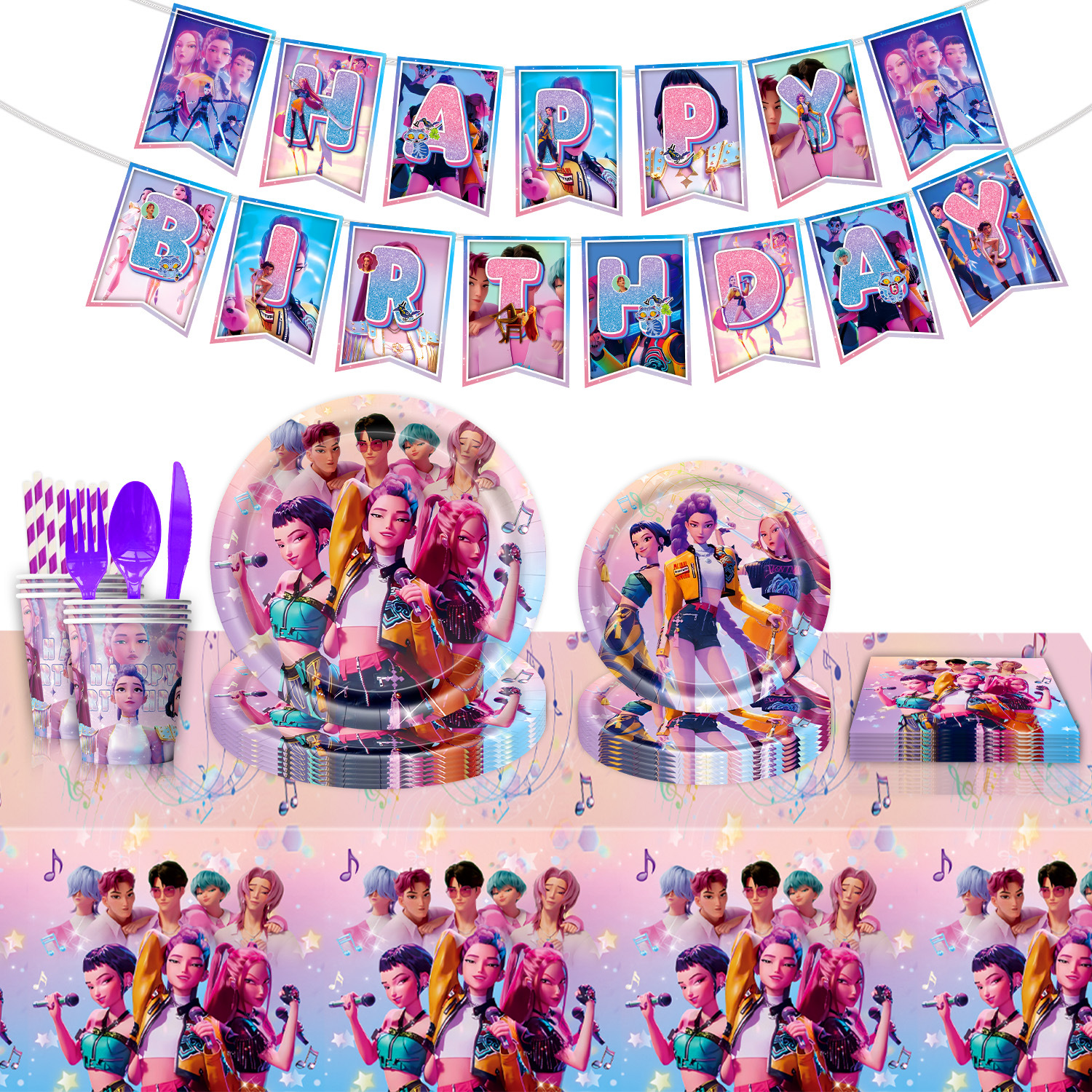 K-POP猎魔女团主题生日派对餐具纸餐盘纸杯桌布气球拉旗布置用品