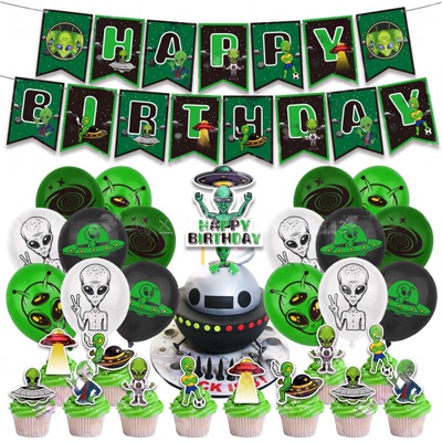 外星人Alien生日主题派对装饰场景布置横幅蛋糕插旗气球拉旗套装