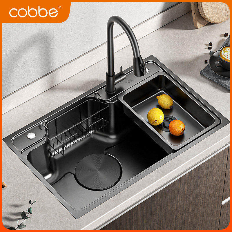 卡贝日式304不锈钢水槽大单槽黑色纳米家用厨房洗菜盆加厚洗碗槽