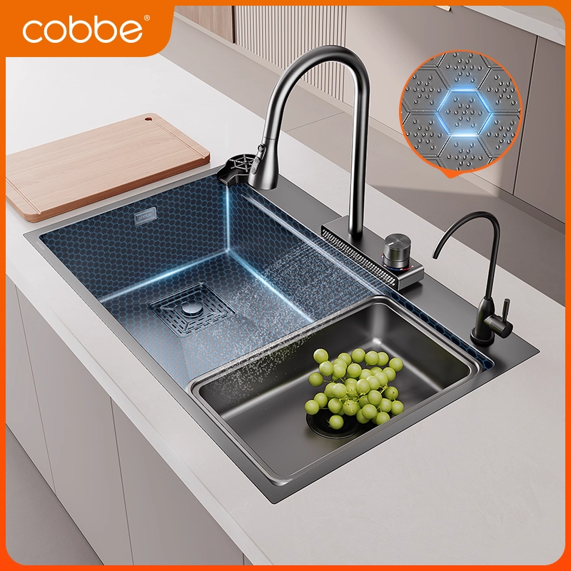 卡贝水槽大单槽304不锈钢侧排水瀑布洗菜盆厨房洗碗洗菜池台下盆