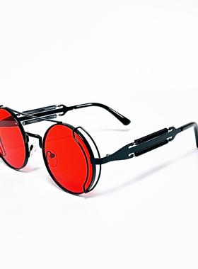蒸汽朋克炫酷红色墨镜UV400圆形金属街头个性潮酷风格太阳眼镜男