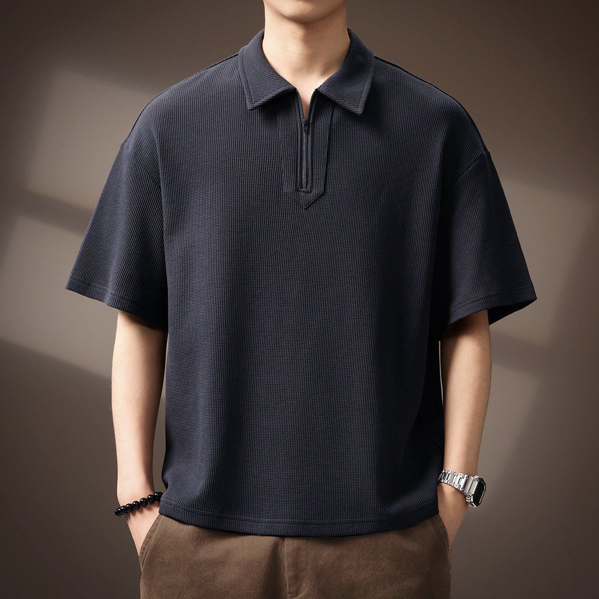 高端华夫格重磅肌理感短袖Polo衫男拉链领夏季新款宽松翻领T恤男