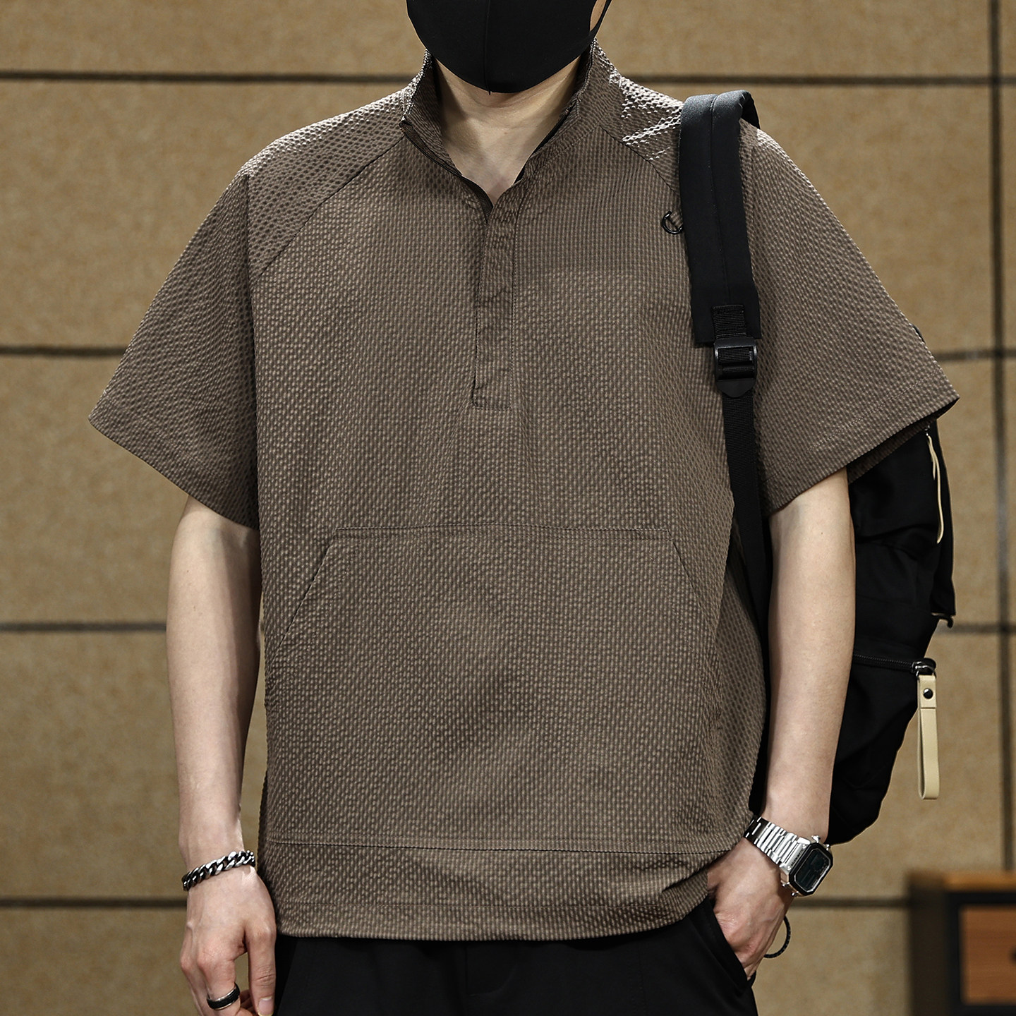 美式泡泡纱半拉炼短袖Polo衫男夏季户外休闲薄款宽松透气立领上衣