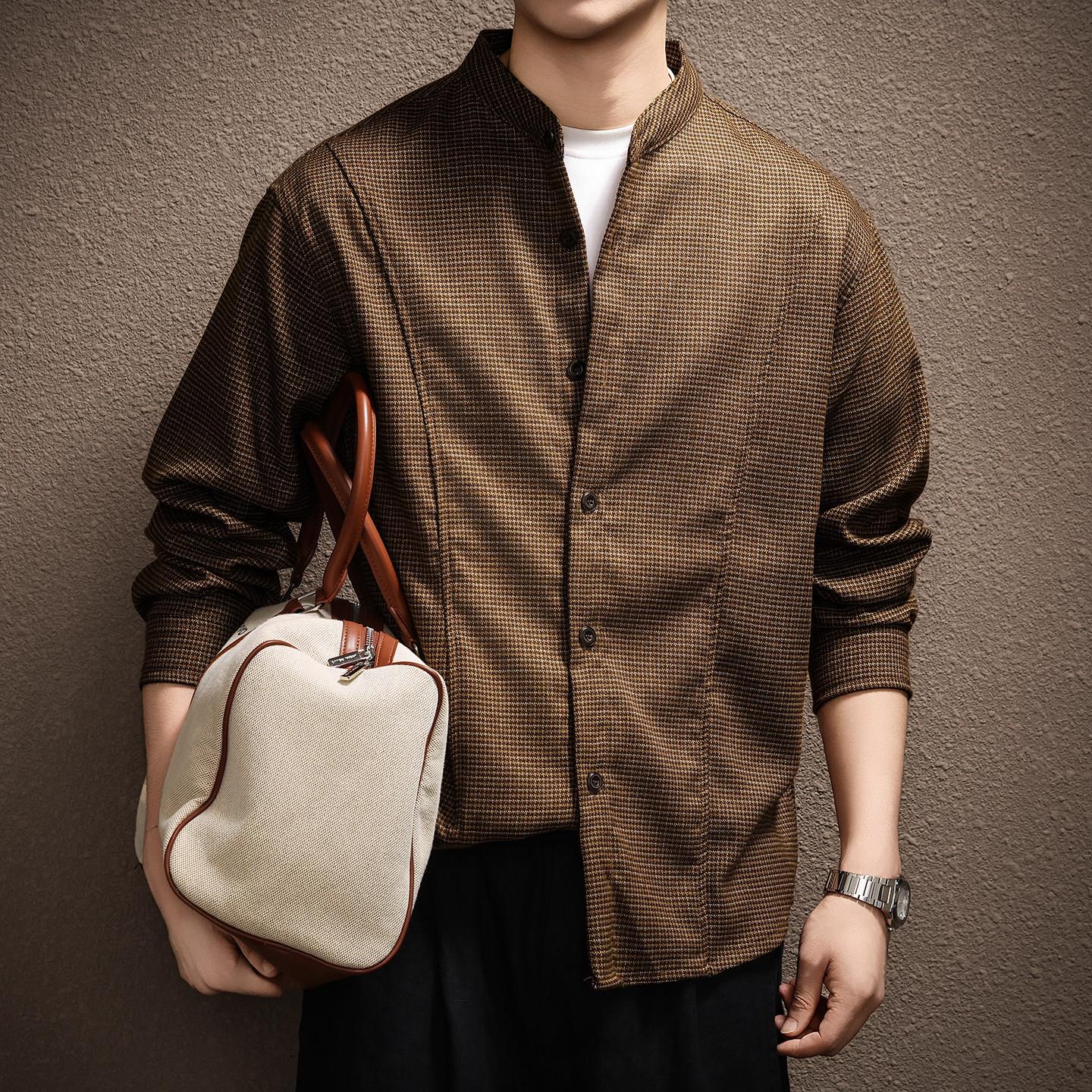 高端中山立领老钱风格子长袖衬衫男秋季新款复古宽松拼接休闲衬衣