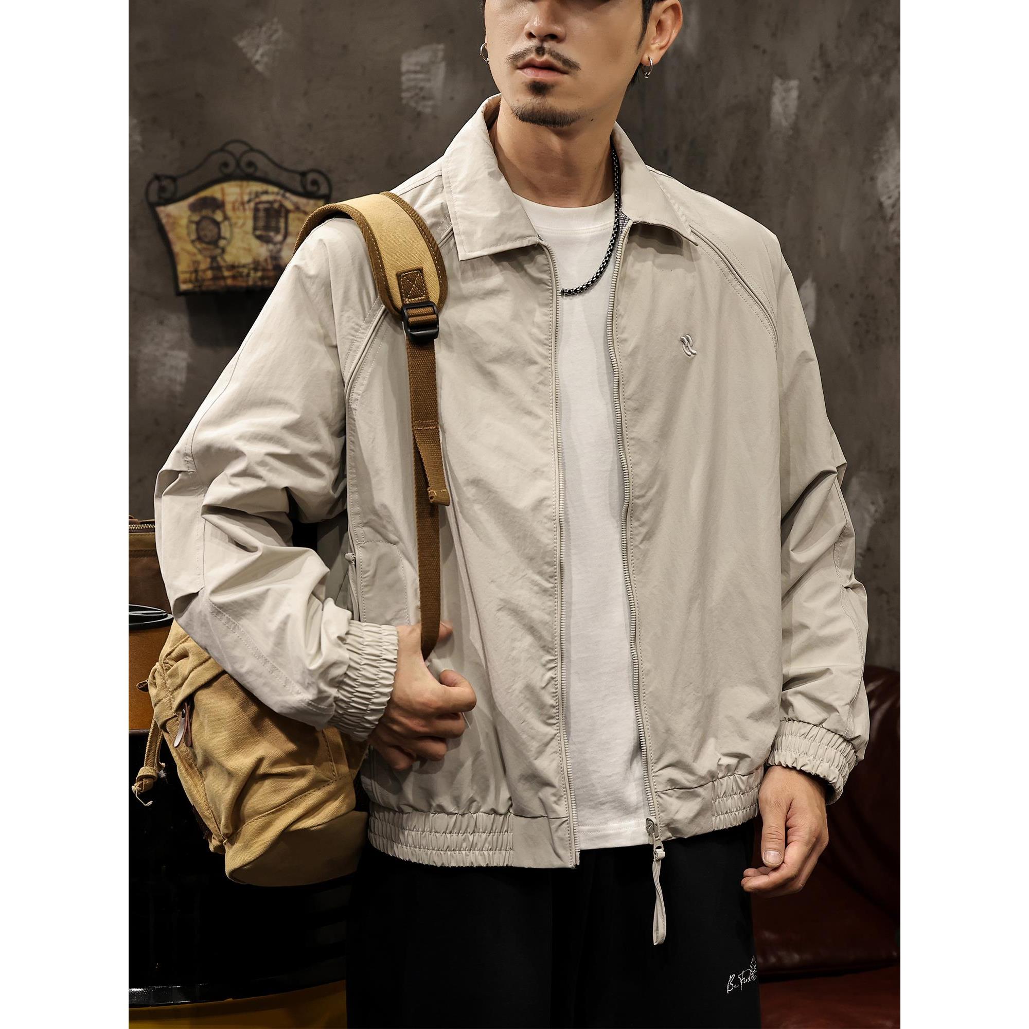 双面穿米白色美式复古翻领休闲外套男春秋季新款哈灵顿工装夹克男