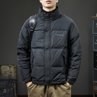 90白鸭绒男士羽绒服冬季新款美式休闲纯色短款立领加厚保暖面包服