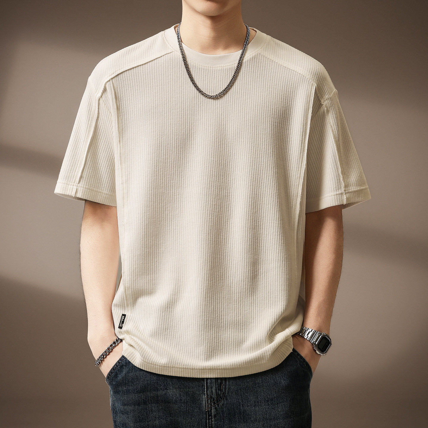高端立体坑条肌理感短袖T恤男2026春夏新款圆领纯色简约高级体恤