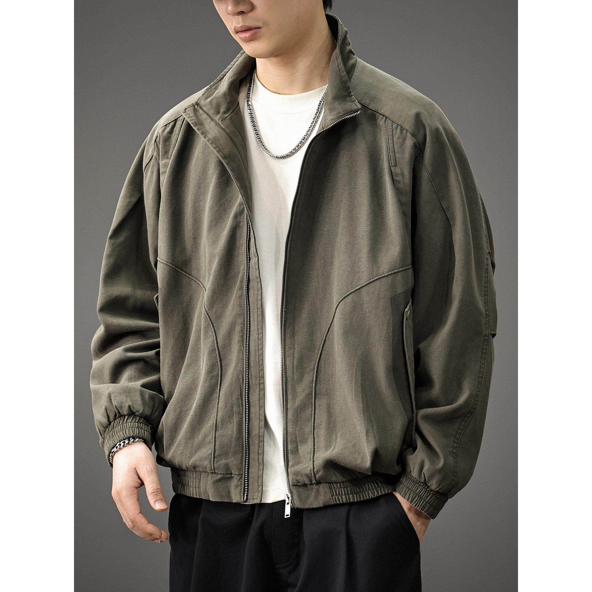 春季新款工装夹克男春秋2026美式印花长袖上衣宽松立领飞行员外套