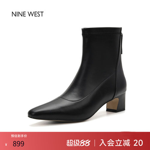 奥莱专供Nine West/玖熙法式气质秋冬短筒靴粗跟显瘦气质通勤女靴