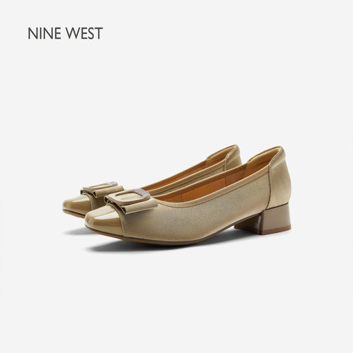 奥莱专供Nine West/玖熙通勤风浅口单鞋女粗跟方头钻扣优雅简约鞋