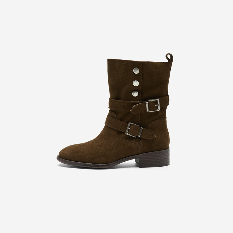 奥莱专供Nine West/玖熙2025年冬季骑士靴女铆钉方扣中跟中筒靴女,女鞋,骑士靴,淘宝优惠券,粉丝福利购,淘宝优惠卷