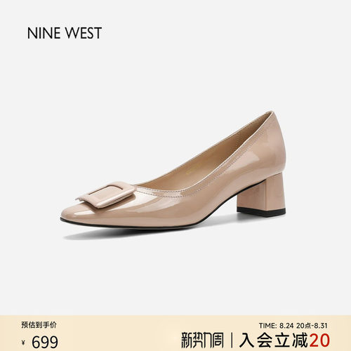 玖熙通勤漆皮方头粗跟方扣单鞋