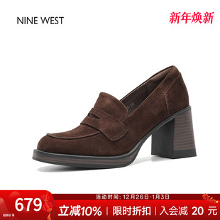 新款 玖熙秋季 单鞋 羊翻皮高跟乐福鞋 奥莱专供Nine 复古女鞋 West