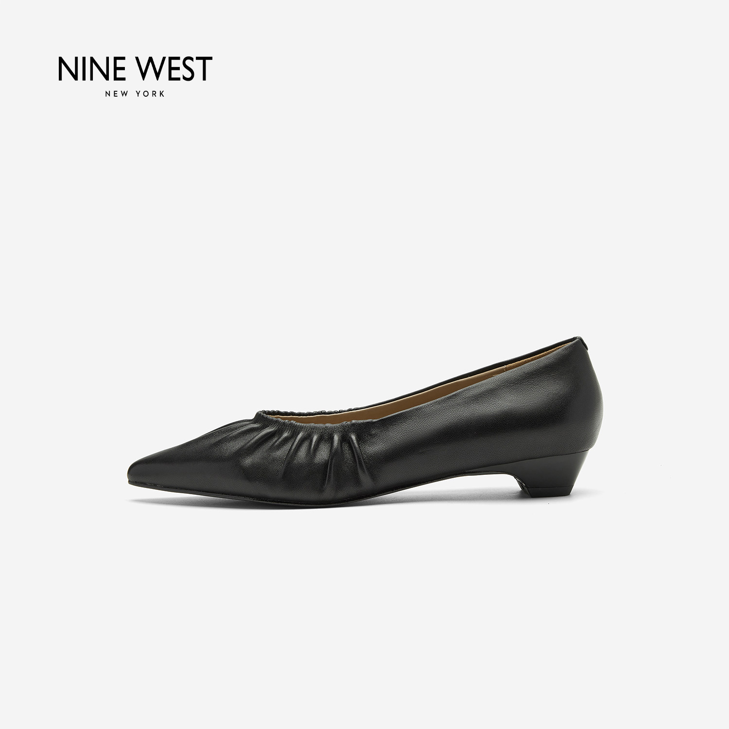 奥莱专供Nine West/玖熙法式温柔褶皱尖头浅口单鞋女低跟通勤女鞋