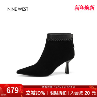 新款 奥莱专供Nine 女鞋 玖熙短靴女绒面冬季 尖头高跟女靴 West