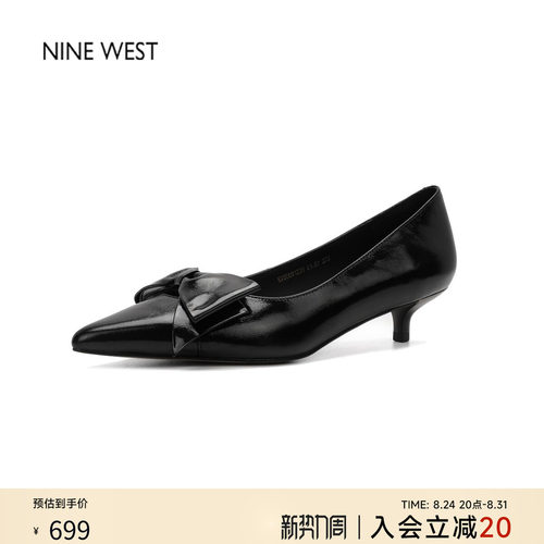 玖熙真皮尖头猫跟蝴蝶结浅口单鞋