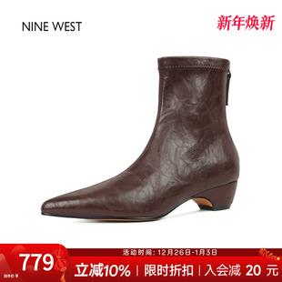 靴子女款 玖熙尖头坡跟弹力瘦瘦靴真皮短靴新款 West 奥莱专供Nine