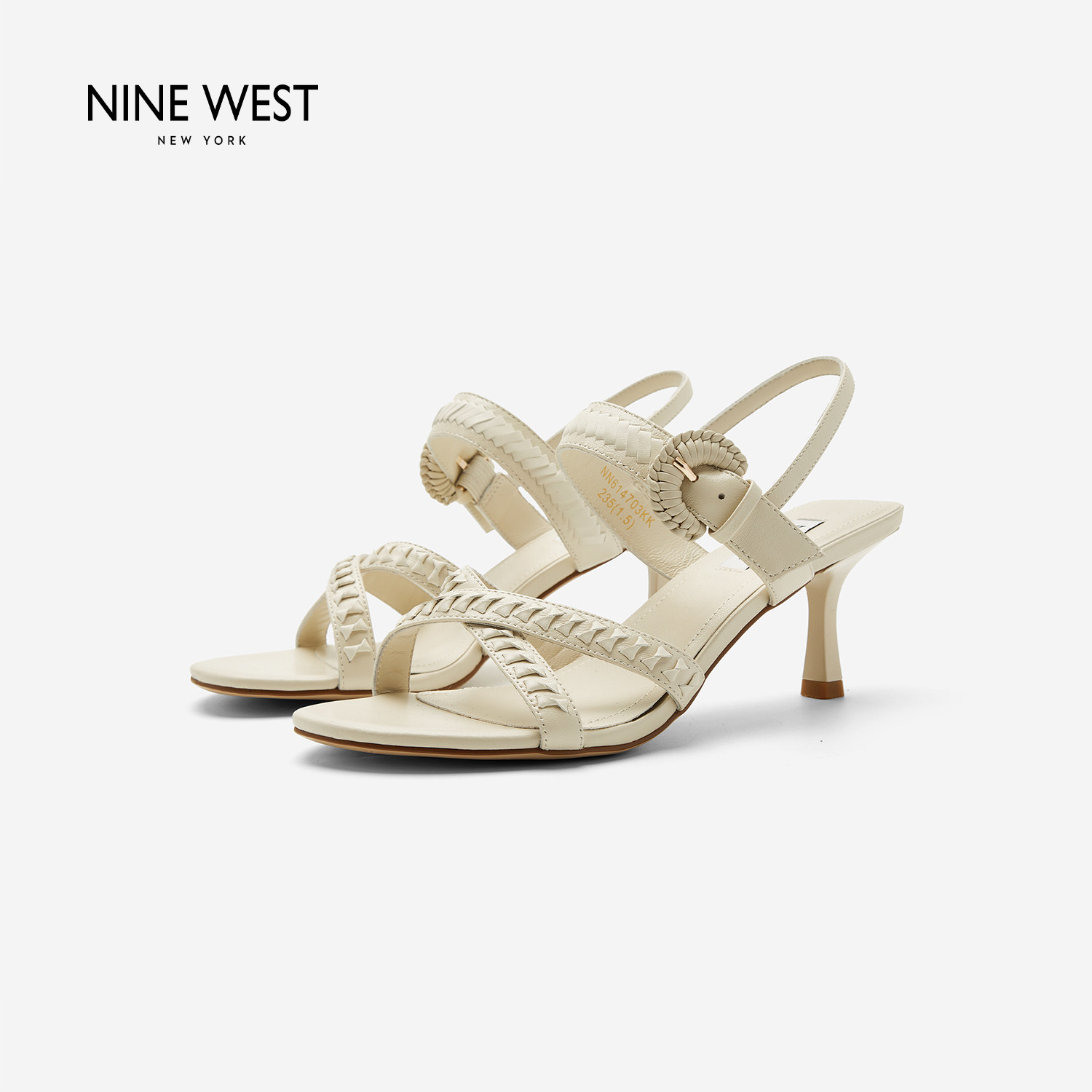 奥莱专供Nine West/玖熙2026年夏编织带细跟凉鞋女时尚通勤高跟鞋