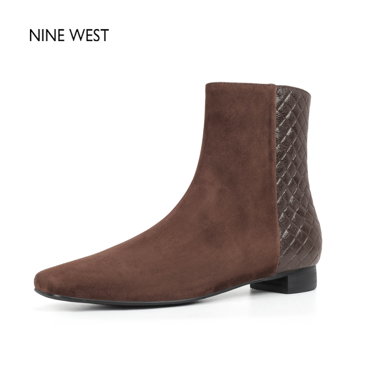 黑色法式复古粗跟气质方头短靴