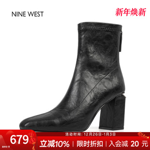 复古方头时装 玖熙法式 靴冬高跟短靴粗跟靴子女 West 奥莱专供Nine