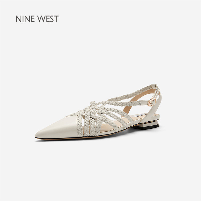 Nine West/玖熙气质百搭尖头后空时装凉鞋女平底编织绑带镂空单鞋