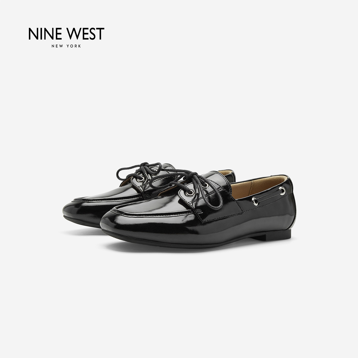 Nine West/玖熙系带乐福鞋女秋新款圆头低跟英伦复古通勤小皮鞋