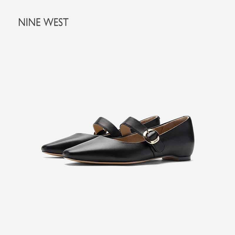 Nine West/玖熙2026新款玛丽珍鞋尖头隐形平跟金扣袢带浅口单鞋女