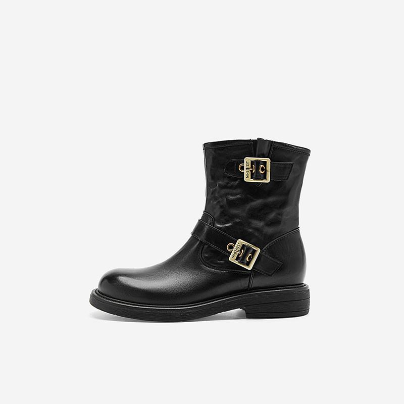 奥莱专供Nine West/玖熙2025年时装靴女摩登扣带圆头中跟绒里中靴