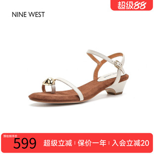 奥莱Nine West/玖熙一字带凉鞋女时尚外穿粗跟女鞋夏配裙子