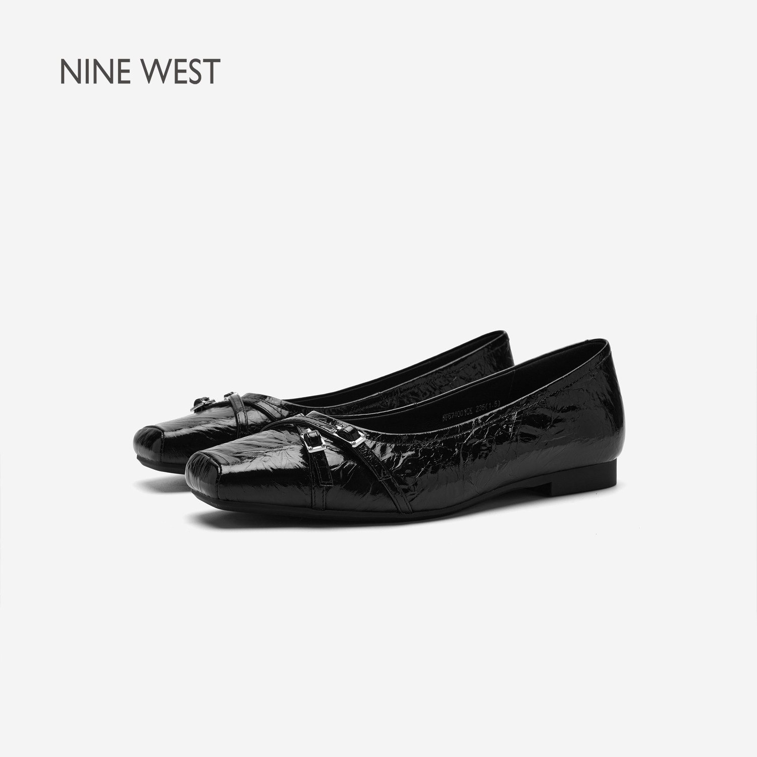 奥莱专供Nine West/玖熙通勤黑色方头蝴蝶结奶奶鞋女平跟浅口单鞋