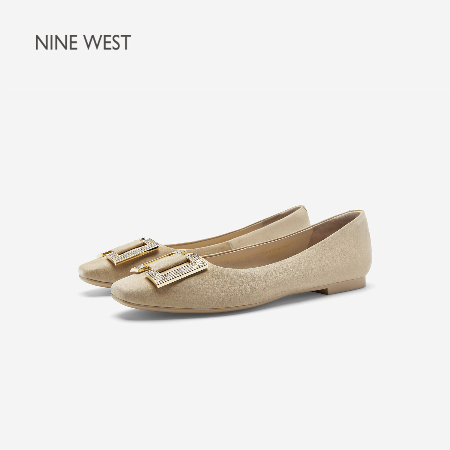 Nine West/玖熙通勤风方扣水钻浅口单鞋女低跟绒面通勤鞋方头女鞋