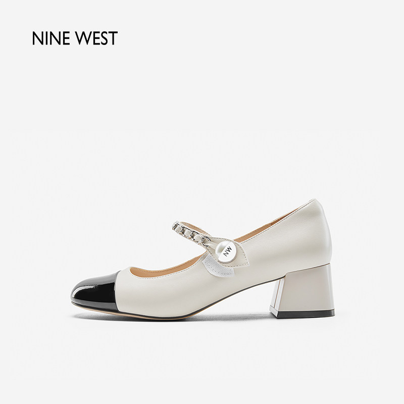奥莱Nine West/玖熙玛丽珍鞋女圆头一字扣高跟鞋粗跟单鞋女奥