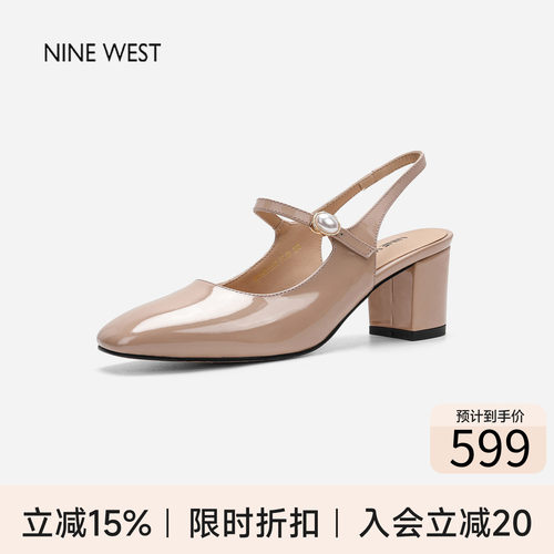 玖熙方头漆皮粗跟后空玛丽珍凉鞋