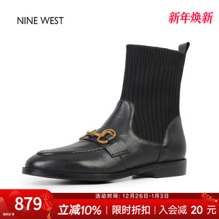复古金属弹力瘦瘦靴袜靴圆头粗跟短靴 玖熙法式 奥莱专供Nine West