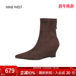 玖熙尖头弹力瘦瘦靴坡跟短靴巨好看靴子女款 奥莱专供Nine West