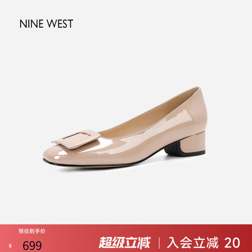 玖熙通勤方扣粗跟漆皮浅口单鞋