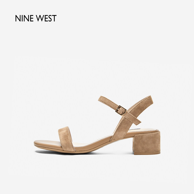 奥莱Nine West/玖熙2025年一字带凉鞋女圆头绒面粗跟中跟女鞋